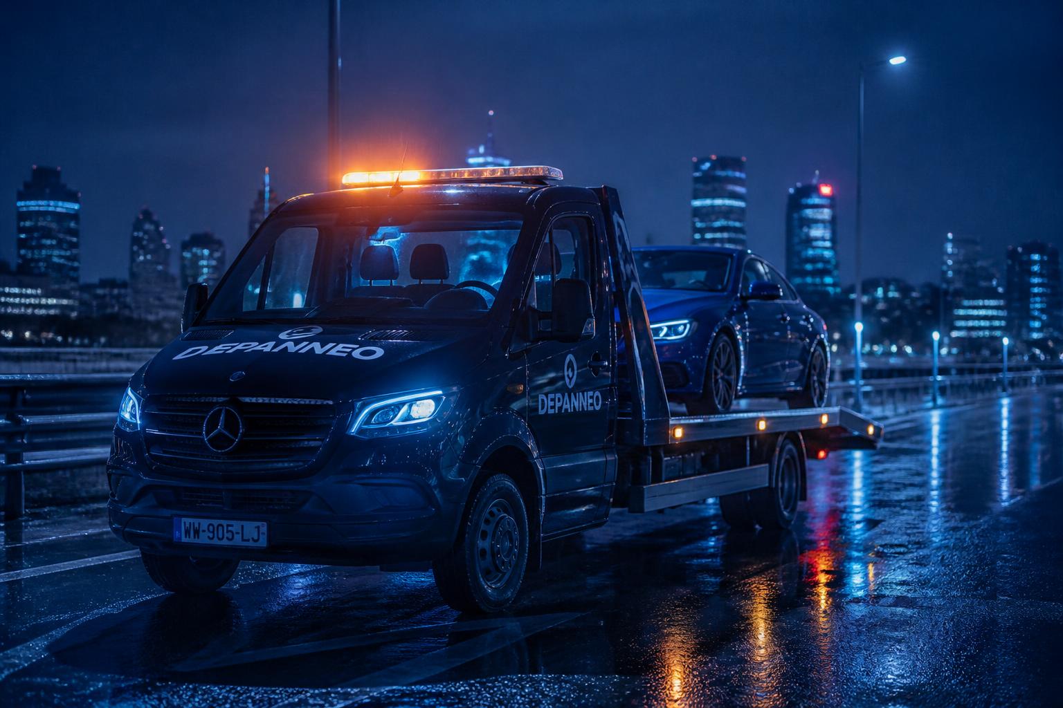Dépanneuse DEPAN JET chargeant un véhicule en pleine nuit